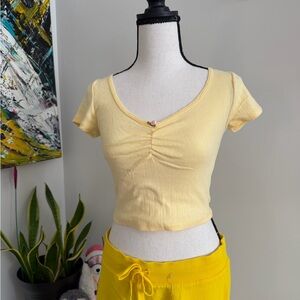 Yellow V-Neck Ruched Women Top